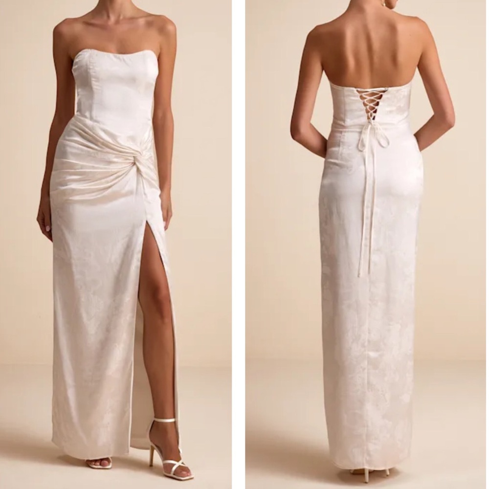 Lulus Whitney Ivory Jacquard Strapless Twist-Front Maxi Dress Size XL NWT